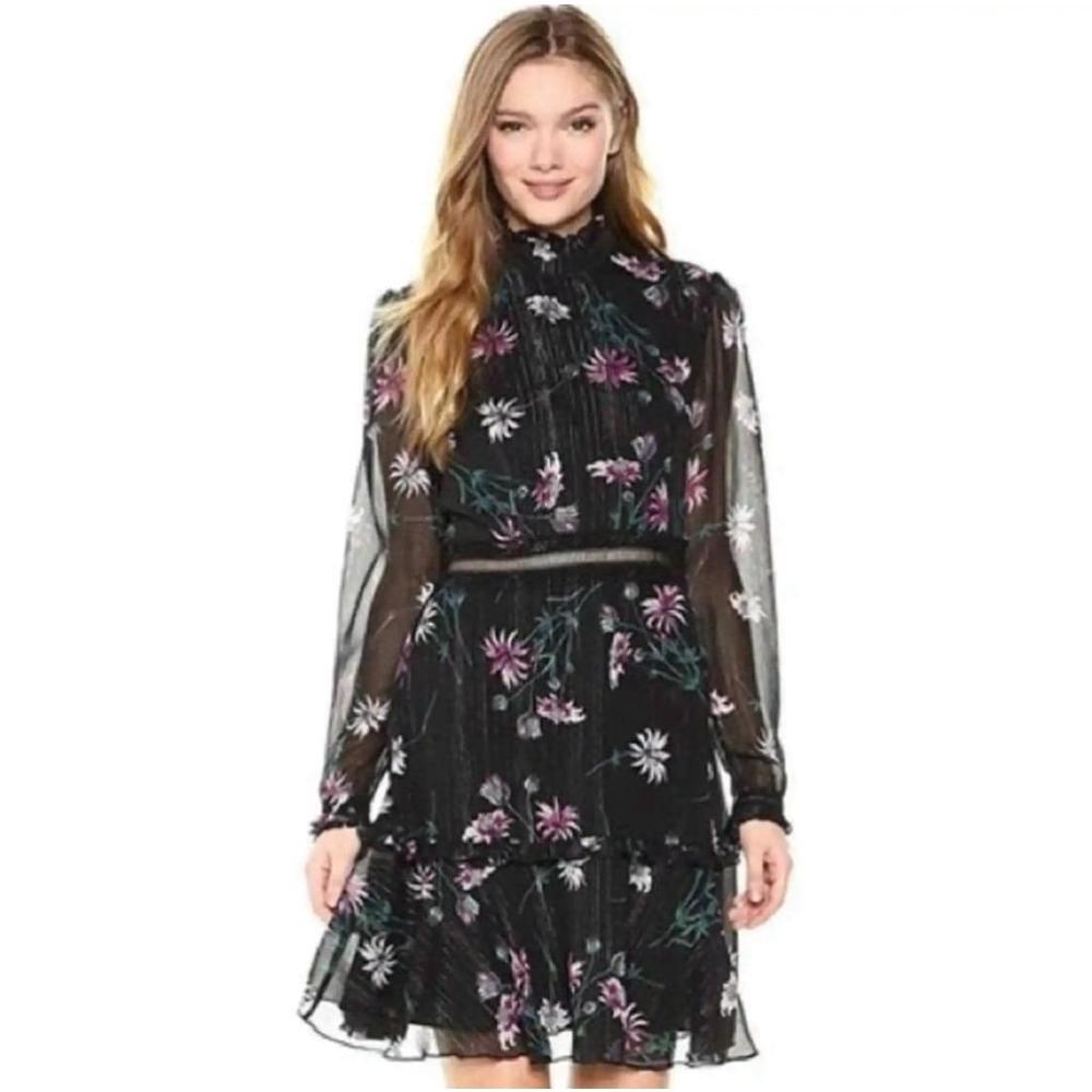 NWOT Anthropologie metallic Mock Floral overlay flowy boho dress long sleeve 14